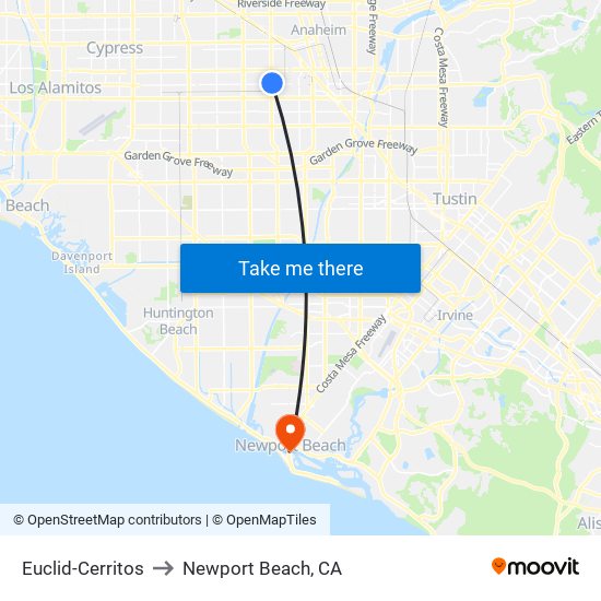 Euclid-Cerritos to Newport Beach, CA map