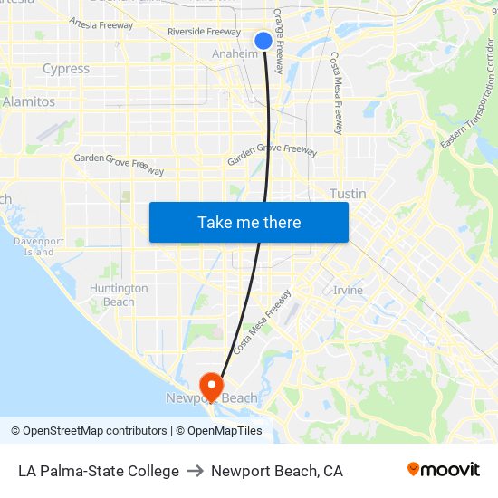 LA Palma-State College to Newport Beach, CA map