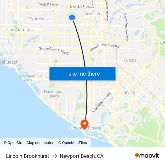 Lincoln-Brookhurst to Newport Beach, CA map