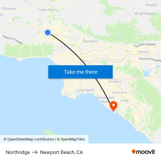 Northridge to Newport Beach, CA map