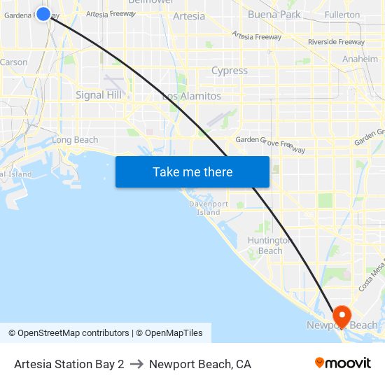 Artesia Station Bay 2 to Newport Beach, CA map