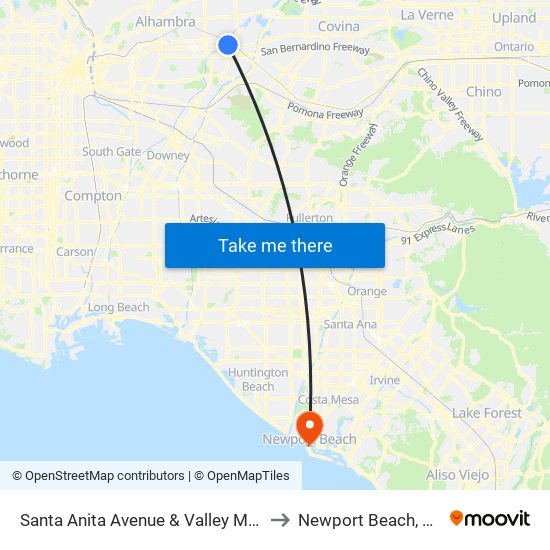 Santa Anita Avenue & Valley Mall to Newport Beach, CA map