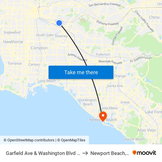 Garfield Ave & Washington Blvd (SB) to Newport Beach, CA map