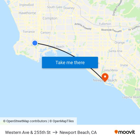 Western Ave & 255th St to Newport Beach, CA map