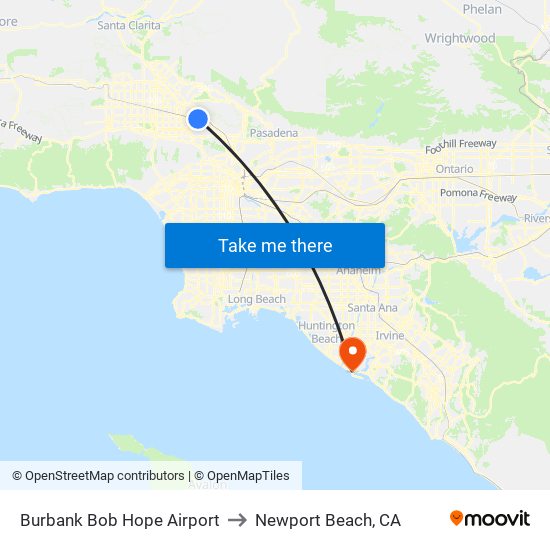 Burbank Bob Hope Airport to Newport Beach, CA map