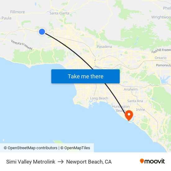 Simi Valley Metrolink to Newport Beach, CA map