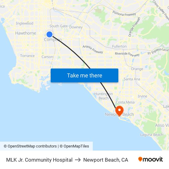 MLK Jr. Community Hospital to Newport Beach, CA map