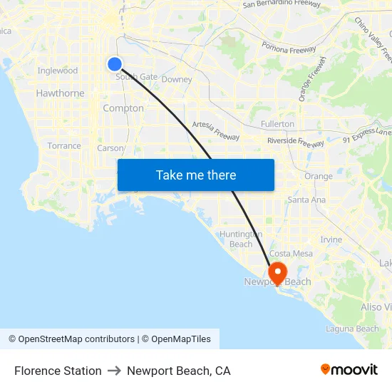 Florence Station to Newport Beach, CA map