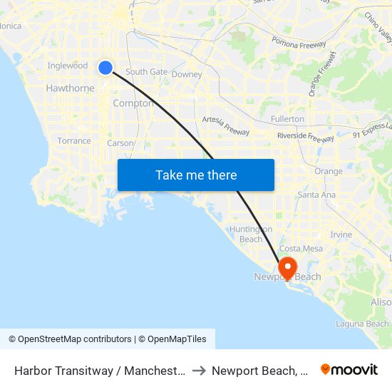 Harbor Transitway / Manchester to Newport Beach, CA map