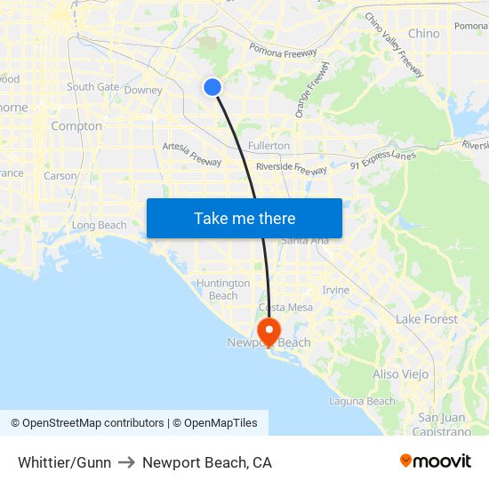 Whittier/Gunn to Newport Beach, CA map