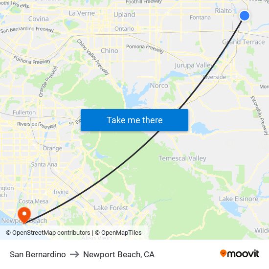 San Bernardino to Newport Beach, CA map