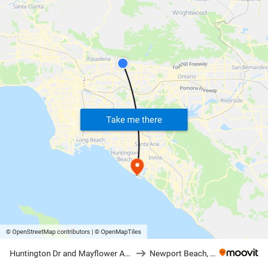 Huntington Dr and Mayflower Ave W to Newport Beach, CA map