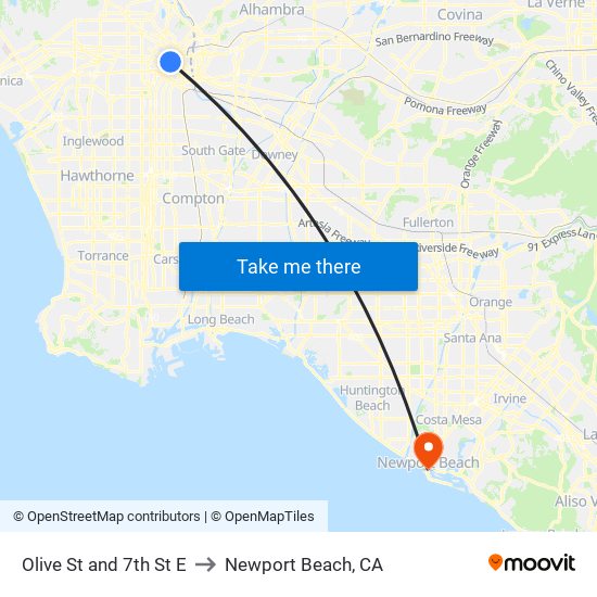 Olive St and 7th St E to Newport Beach, CA map