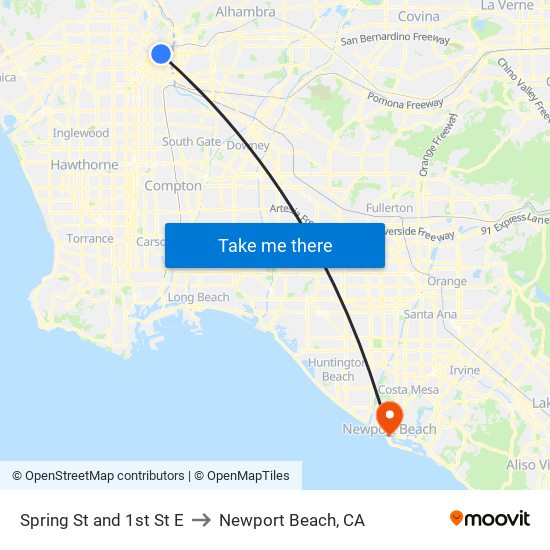 Spring St and 1st St E to Newport Beach, CA map