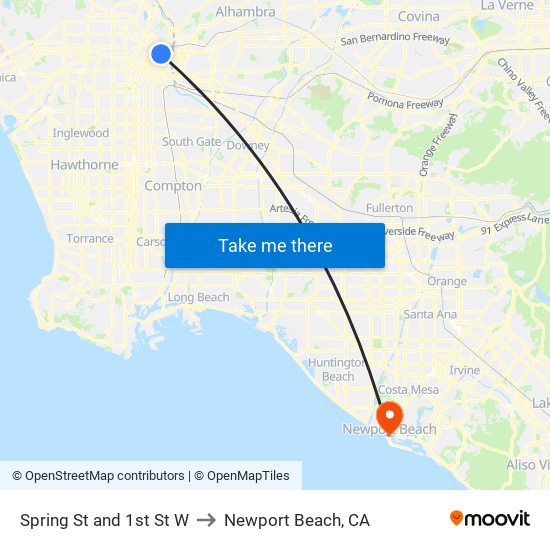 Spring St and 1st St W to Newport Beach, CA map