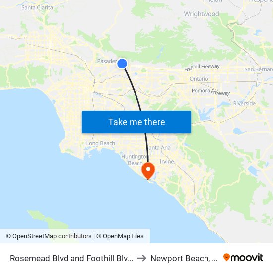 Rosemead Blvd and Foothill Blvd E to Newport Beach, CA map