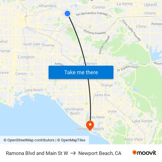 Ramona Blvd and Main St W to Newport Beach, CA map