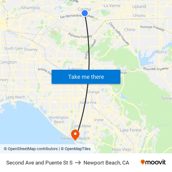 Second Ave and Puente St S to Newport Beach, CA map