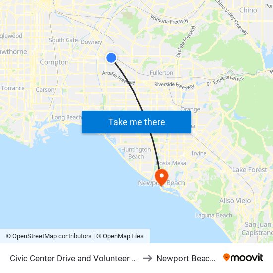 Civic Center Drive and Volunteer Avenue to Newport Beach, CA map