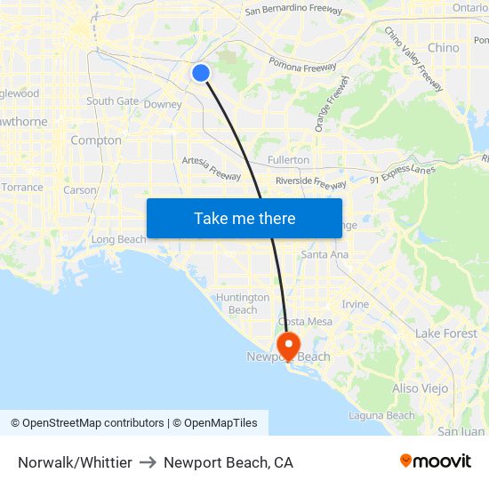 Norwalk/Whittier to Newport Beach, CA map