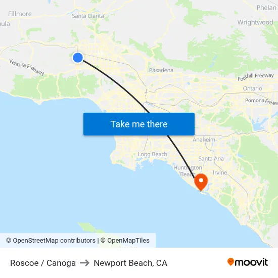 Roscoe / Canoga to Newport Beach, CA map