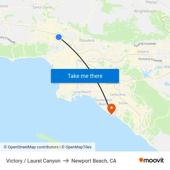 Victory / Laurel Canyon to Newport Beach, CA map