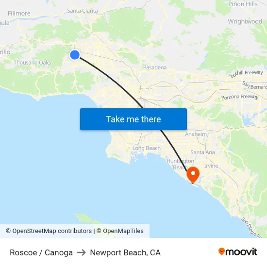 Roscoe / Canoga to Newport Beach, CA map