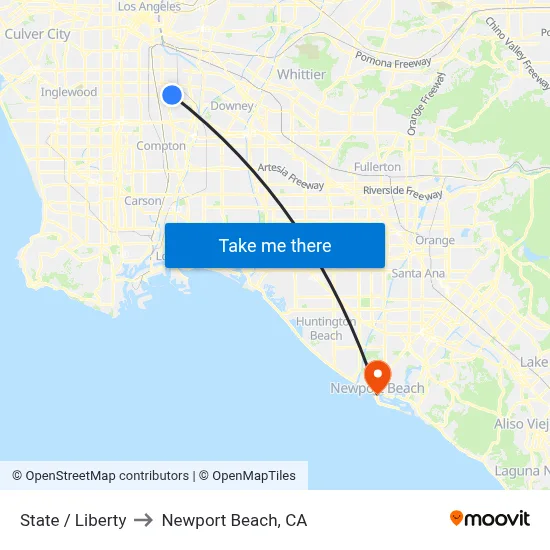 State / Liberty to Newport Beach, CA map