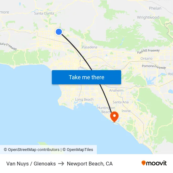 Van Nuys / Glenoaks to Newport Beach, CA map