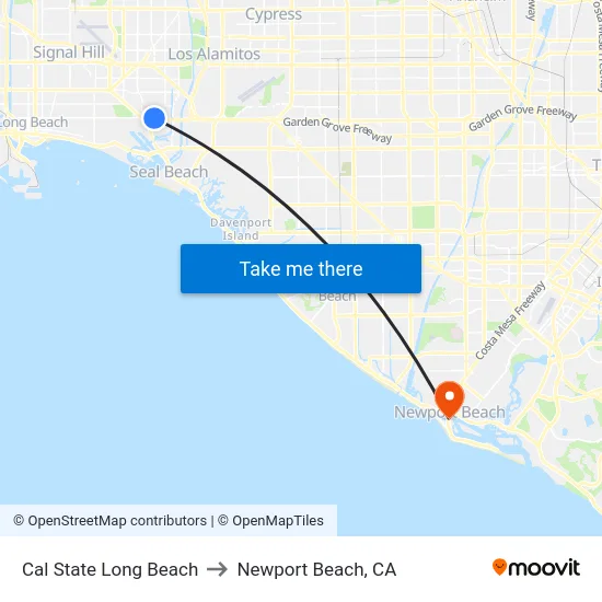 Cal State Long Beach to Newport Beach, CA map