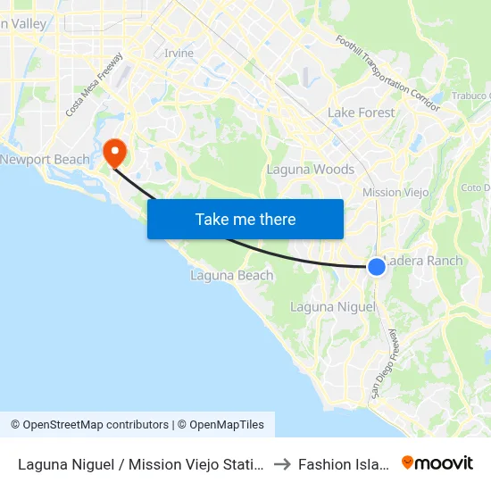 Laguna Niguel / Mission Viejo Station to Fashion Island map