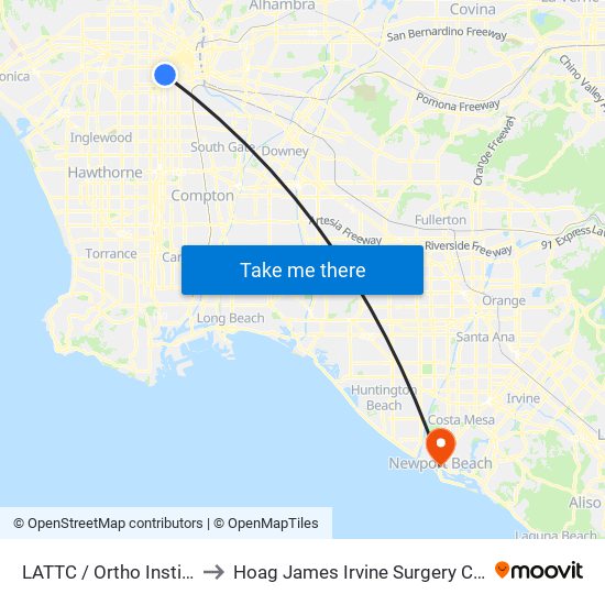 LATTC / Ortho Institute to Hoag James Irvine Surgery Center map