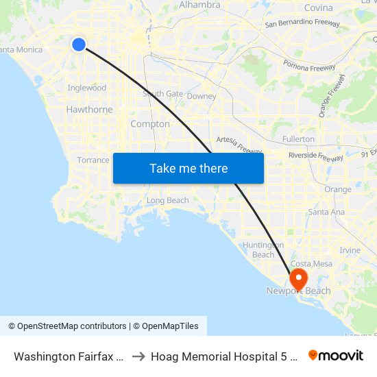 Washington Fairfax Hub to Hoag Memorial Hospital 5 West map