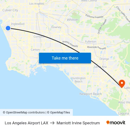Los Angeles Airport LAX to Marriott Irvine Spectrum map