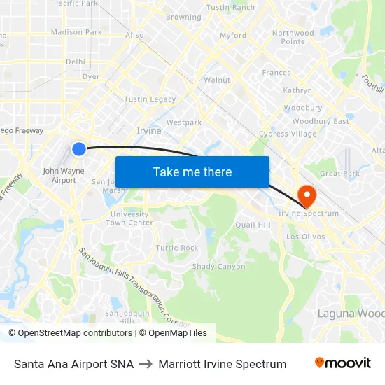 Santa Ana Airport SNA to Marriott Irvine Spectrum map