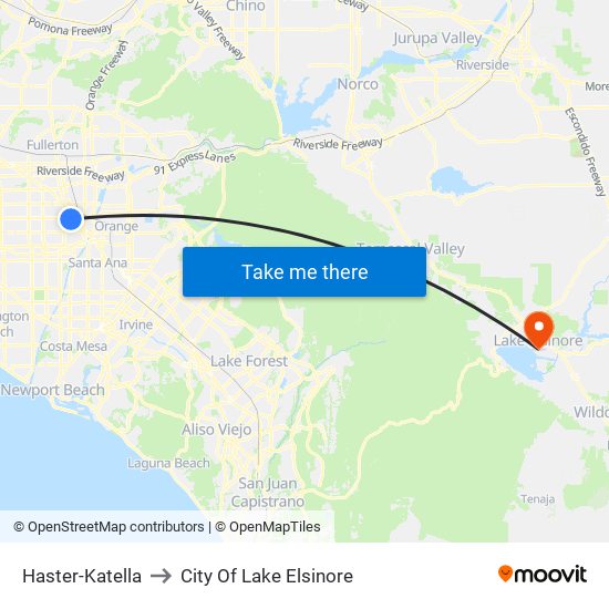 Haster-Katella to City Of Lake Elsinore map