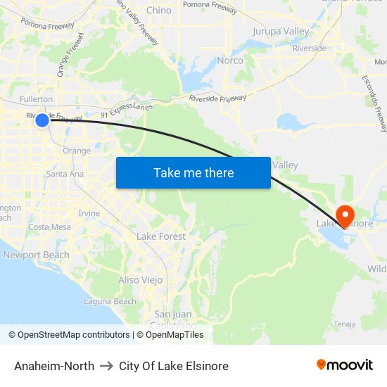 Anaheim-North to City Of Lake Elsinore map