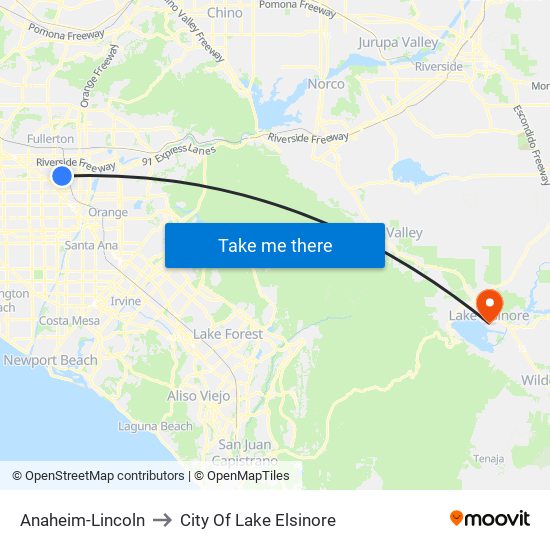 Anaheim-Lincoln to City Of Lake Elsinore map