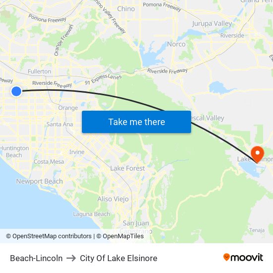 Beach-Lincoln to City Of Lake Elsinore map
