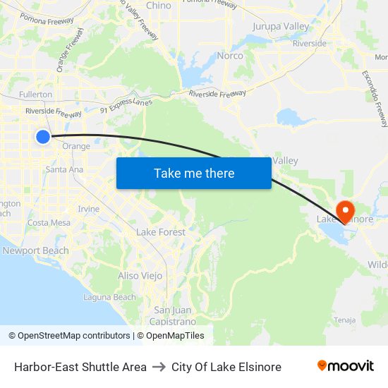 Harbor-East Shuttle Area to City Of Lake Elsinore map