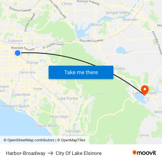 Harbor-Broadway to City Of Lake Elsinore map