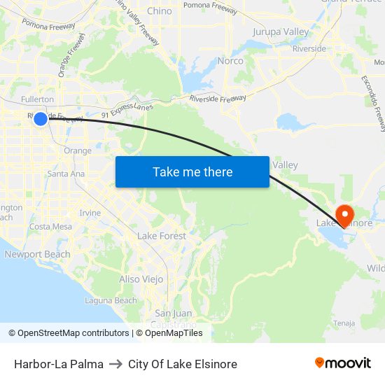 Harbor-La Palma to City Of Lake Elsinore map
