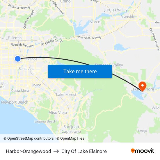 Harbor-Orangewood to City Of Lake Elsinore map