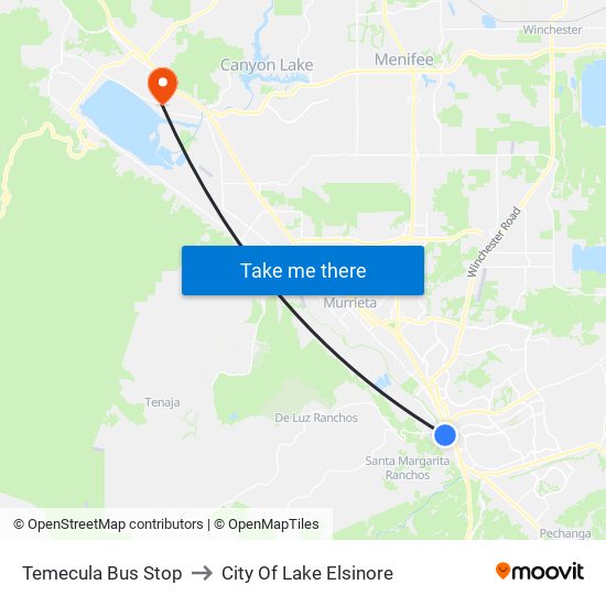 Temecula Bus Stop to City Of Lake Elsinore map