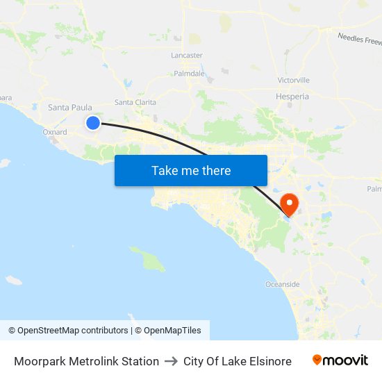 Moorpark Metrolink Station to City Of Lake Elsinore map