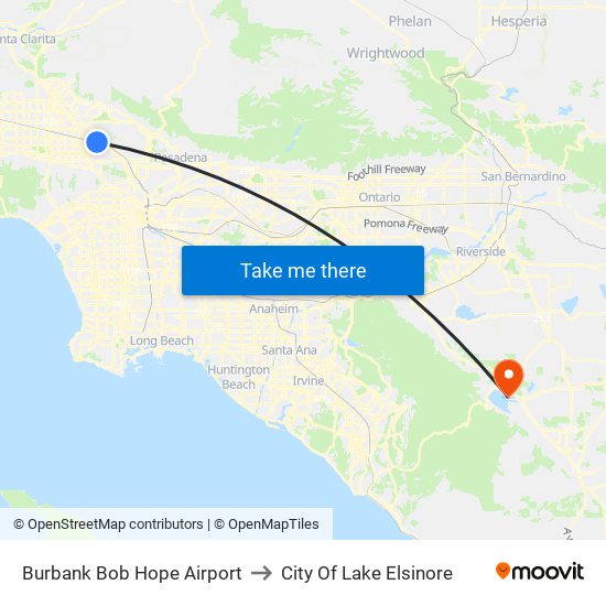 Burbank Bob Hope Airport to City Of Lake Elsinore map