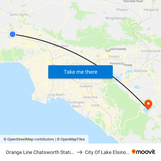 Orange Line Chatsworth Station to City Of Lake Elsinore map