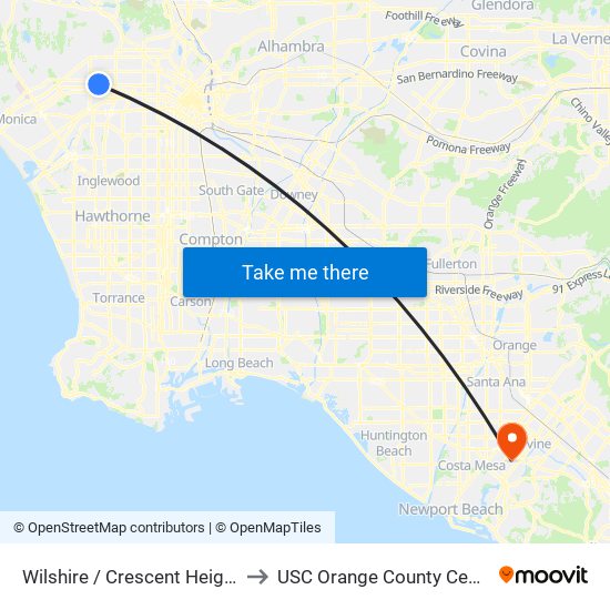 Wilshire / Crescent Heights to USC Orange County Center map