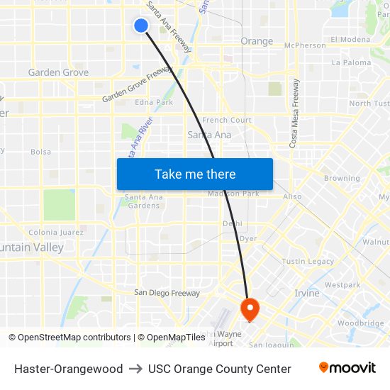 Haster-Orangewood to USC Orange County Center map