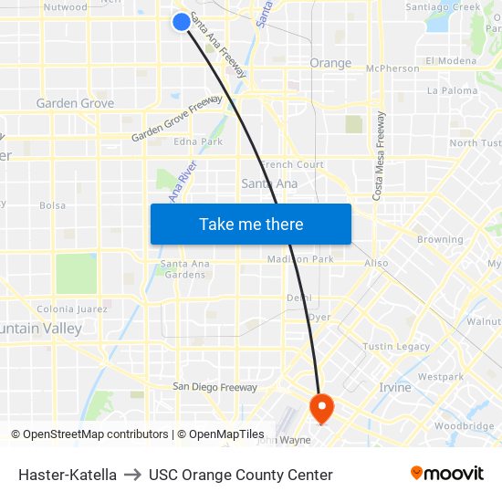 Haster-Katella to USC Orange County Center map